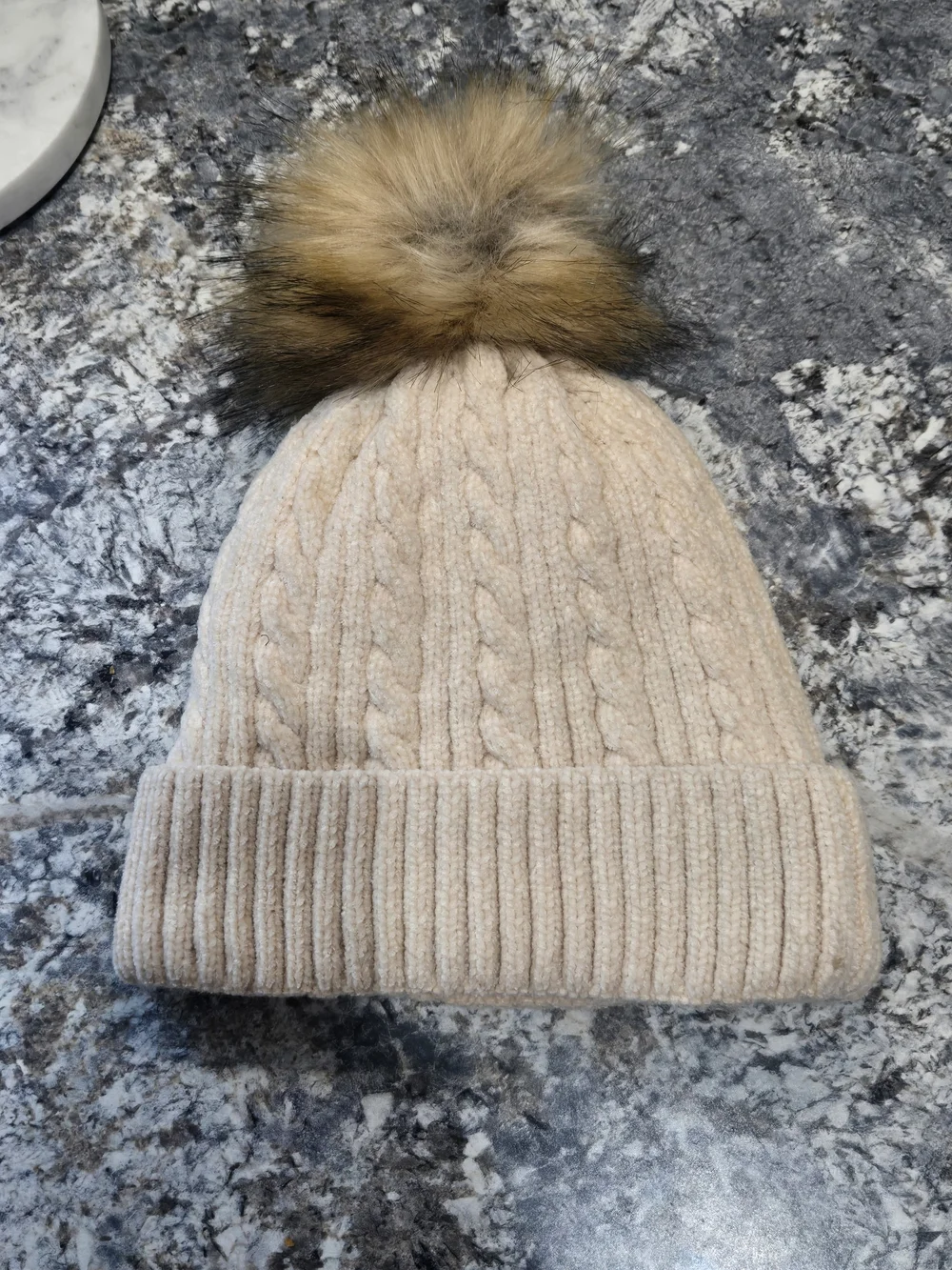 Louis Vuitton Custom Cream Cable Knit Beanie with Brown Fur Pom